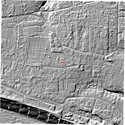 Shaded relief map of the ground around PO119LH, computed from Environment Agency LiDAR. The ground here sits at about 5 m above sea level and falls 9 m across the surrounding 800 m. The ground contributing surface water to this point lies to the east-north-east.