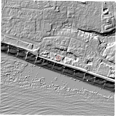 Shaded relief map of the ground around PO119LN, computed from Environment Agency LiDAR. The ground here sits at about 4 m above sea level and falls 9 m across the surrounding 800 m. Surface water reaching this point runs off ground lying to the east-south-east, 3.9 m higher.