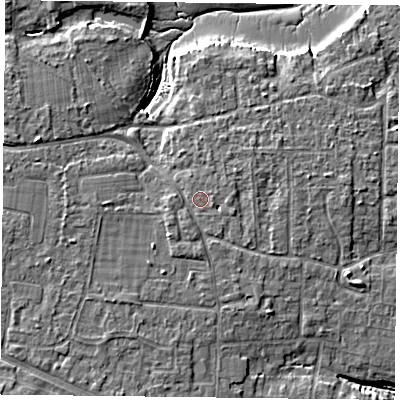 Shaded relief map of the ground around PO119LP, computed from Environment Agency LiDAR. The ground here sits at about 5 m above sea level and falls 7 m across the surrounding 800 m. Surface water reaching this point runs off ground lying to the south, 0.9 m higher.