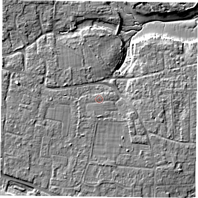 Shaded relief map of the ground around PO119LR, computed from Environment Agency LiDAR. The ground here sits at about 5 m above sea level and falls 7 m across the surrounding 800 m. Surface water reaching this point runs off ground lying to the south-west, 1.1 m higher.