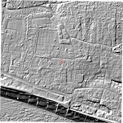 Shaded relief map of the ground around PO119LT, computed from Environment Agency LiDAR. The ground here sits at about 5 m above sea level and falls 9 m across the surrounding 800 m. Surface water reaching this point runs off ground lying to the west-north-west, 0.8 m higher.