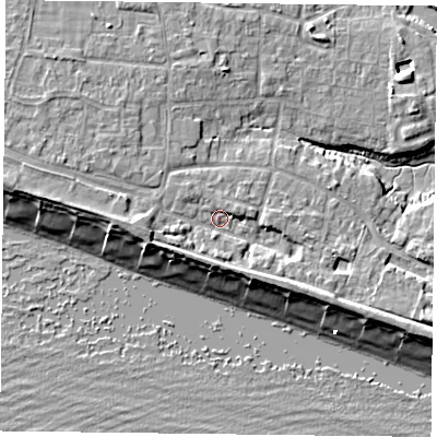 Shaded relief map of the ground around PO119LU, computed from Environment Agency LiDAR. The ground here sits at about 4 m above sea level and falls 9 m across the surrounding 800 m. Surface water reaching this point runs off ground lying to the west, 2.9 m higher.