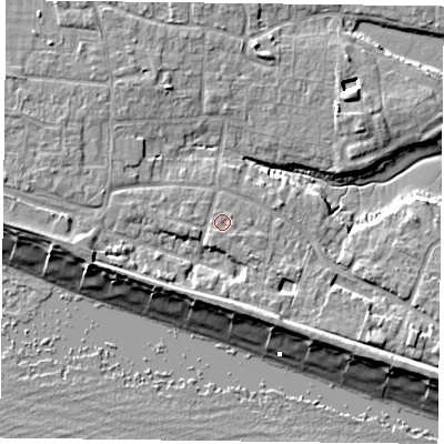 Shaded relief map of the ground around PO119LX, computed from Environment Agency LiDAR. The ground here sits at about 4 m above sea level and falls 9 m across the surrounding 800 m. Surface water reaching this point runs off ground lying to the south, 3.9 m higher.