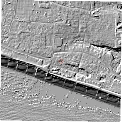 Shaded relief map of the ground around PO119LZ, computed from Environment Agency LiDAR. The ground here sits at about 4 m above sea level and falls 9 m across the surrounding 800 m. Surface water reaching this point runs off ground lying to the west-north-west, 0.9 m higher.