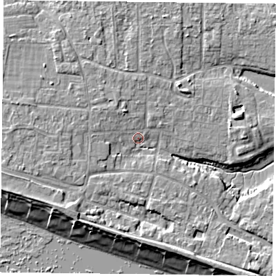 Shaded relief map of the ground around PO119NA, computed from Environment Agency LiDAR. The ground here sits at about 4 m above sea level and falls 9 m across the surrounding 800 m. Surface water reaching this point runs off ground lying to the north-north-west, 2.5 m higher.