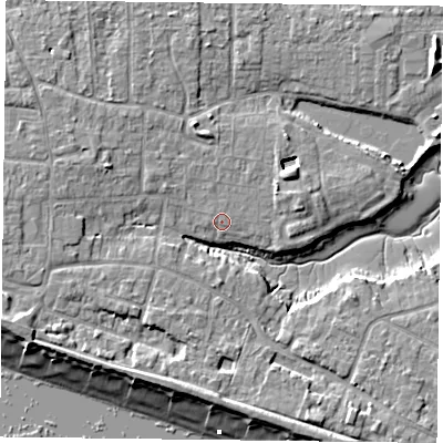 Shaded relief map of the ground around PO119ND, computed from Environment Agency LiDAR. The ground here sits at about 4 m above sea level and falls 9 m across the surrounding 800 m. Surface water reaching this point runs off ground lying to the north, 1.0 m higher.
