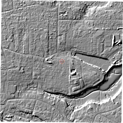 Shaded relief map of the ground around PO119NE, computed from Environment Agency LiDAR. The ground here sits at about 4 m above sea level and falls 6 m across the surrounding 800 m. The ground contributing surface water to this point lies to the south.
