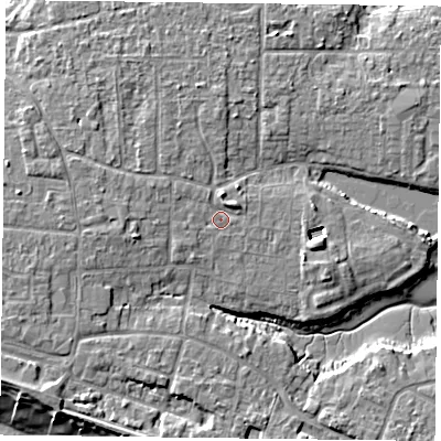 Shaded relief map of the ground around PO119NR, computed from Environment Agency LiDAR. The ground here sits at about 4 m above sea level and falls 8 m across the surrounding 800 m. Surface water reaching this point runs off ground lying to the north-west, 0.9 m higher.
