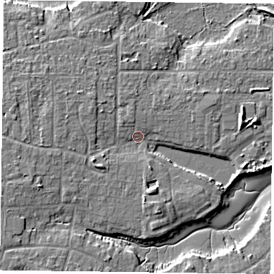 Shaded relief map of the ground around PO119NT, computed from Environment Agency LiDAR. The ground here sits at about 3 m above sea level and falls 6 m across the surrounding 800 m. Surface water reaching this point runs off ground lying to the south-south-east, 4.3 m higher.