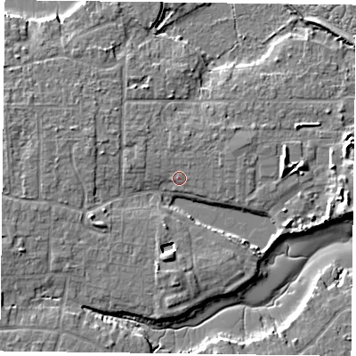 Shaded relief map of the ground around PO119NU, computed from Environment Agency LiDAR. The ground here sits at about 4 m above sea level and falls 8 m across the surrounding 800 m. Surface water reaching this point runs off ground lying to the north-north-west, 0.9 m higher.