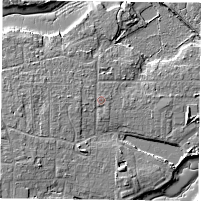 Shaded relief map of the ground around PO119PB, computed from Environment Agency LiDAR. The ground here sits at about 4 m above sea level and falls 7 m across the surrounding 800 m. Surface water reaching this point runs off ground lying to the west, 1.0 m higher.