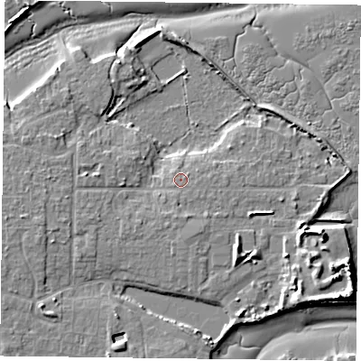 Shaded relief map of the ground around PO119PD, computed from Environment Agency LiDAR. The ground here sits at about 3 m above sea level and falls 10 m across the surrounding 800 m. The ground contributing surface water to this point lies to the south-east.