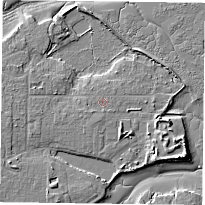 Shaded relief map of the ground around PO119PE, computed from Environment Agency LiDAR. The ground here sits at about 3 m above sea level and falls 10 m across the surrounding 800 m. Surface water reaching this point runs off ground lying to the west-south-west, 1.3 m higher.