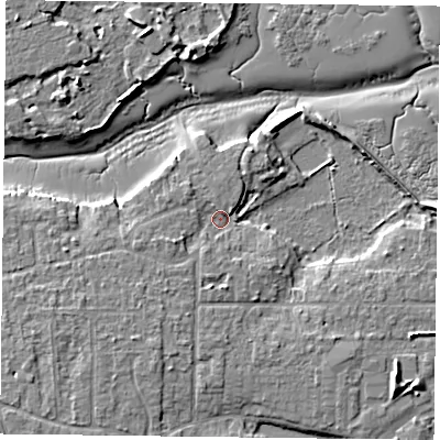 Shaded relief map of the ground around PO119PG, computed from Environment Agency LiDAR. The ground here sits at about 3 m above sea level and falls 8 m across the surrounding 800 m. Surface water reaching this point runs off ground lying to the south-west, 2.5 m higher.