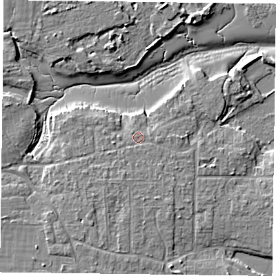 Shaded relief map of the ground around PO119PH, computed from Environment Agency LiDAR. The ground here sits at about 4 m above sea level and falls 7 m across the surrounding 800 m. Surface water reaching this point runs off ground lying to the south-south-east, 1.3 m higher.