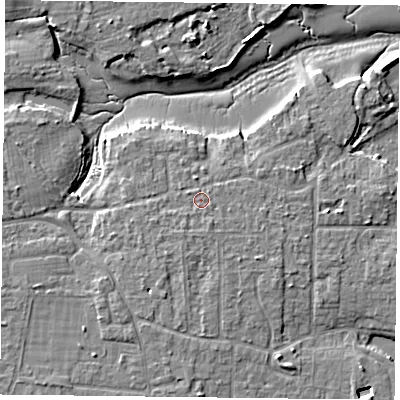 Shaded relief map of the ground around PO119PJ, computed from Environment Agency LiDAR. The ground here sits at about 4 m above sea level and falls 7 m across the surrounding 800 m. Surface water reaching this point runs off ground lying to the south-south-west, 1.0 m higher.