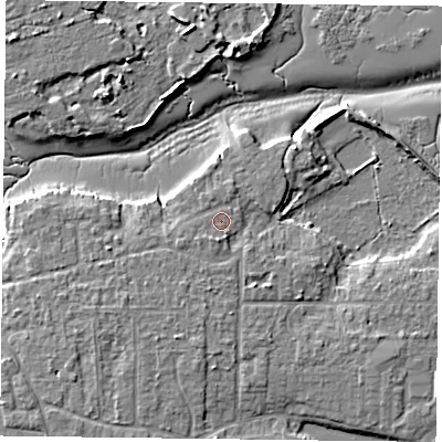 Shaded relief map of the ground around PO119PL, computed from Environment Agency LiDAR. The ground here sits at about 4 m above sea level and falls 7 m across the surrounding 800 m. Surface water reaching this point runs off ground lying to the south-south-west, 1.0 m higher.
