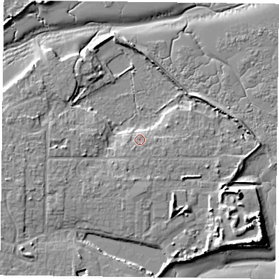Shaded relief map of the ground around PO119PQ, computed from Environment Agency LiDAR. The ground here sits at about 3 m above sea level and falls 10 m across the surrounding 800 m. Surface water reaching this point runs off ground lying to the south-east, 8.3 m higher.