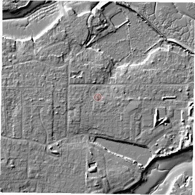 Shaded relief map of the ground around PO119PR, computed from Environment Agency LiDAR. The ground here sits at about 4 m above sea level and falls 8 m across the surrounding 800 m. Surface water reaching this point runs off ground lying to the west, 1.3 m higher.
