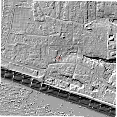 Shaded relief map of the ground around PO119PS, computed from Environment Agency LiDAR. The ground here sits at about 4 m above sea level and falls 9 m across the surrounding 800 m. Surface water reaching this point runs off ground lying to the north-west, 1.5 m higher.