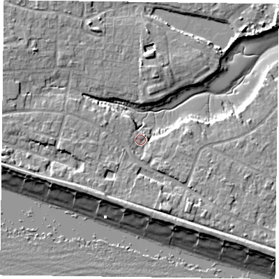 Shaded relief map of the ground around PO119PT, computed from Environment Agency LiDAR. The ground here sits at about 3 m above sea level and falls 9 m across the surrounding 800 m. Surface water reaching this point runs off ground lying to the south-west, 4.2 m higher.