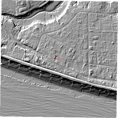 Shaded relief map of the ground around PO119PU, computed from Environment Agency LiDAR. The ground here sits at about 4 m above sea level and falls 9 m across the surrounding 800 m. Surface water reaching this point runs off ground lying to the south-south-west, 1.3 m higher.