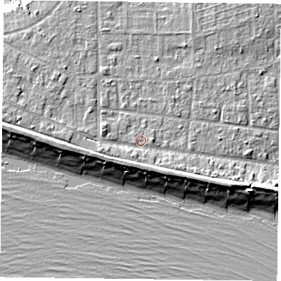 Shaded relief map of the ground around PO119PY, computed from Environment Agency LiDAR. The ground here sits at about 4 m above sea level and falls 9 m across the surrounding 800 m. Surface water reaching this point runs off ground lying to the west, 2.8 m higher.