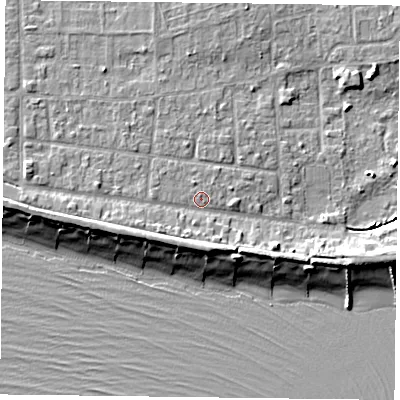 Shaded relief map of the ground around PO119PZ, computed from Environment Agency LiDAR. The ground here sits at about 3 m above sea level and falls 8 m across the surrounding 800 m. Surface water reaching this point runs off ground lying to the south, 3.2 m higher.