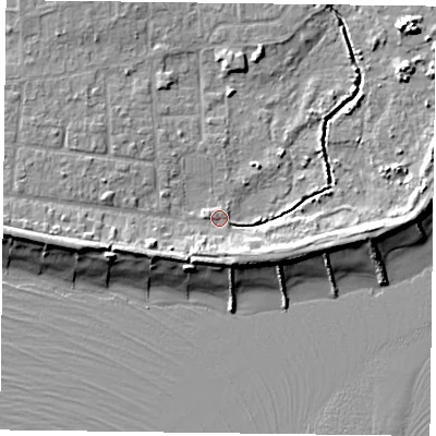 Shaded relief map of the ground around PO119QB, computed from Environment Agency LiDAR. The ground here sits at about 2 m above sea level and falls 8 m across the surrounding 800 m. Surface water reaching this point runs off ground lying to the east-south-east, 5.6 m higher.