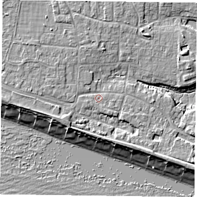 Shaded relief map of the ground around PO119QD, computed from Environment Agency LiDAR. The ground here sits at about 4 m above sea level and falls 9 m across the surrounding 800 m. Surface water reaching this point runs off ground lying to the north-west, 1.8 m higher.