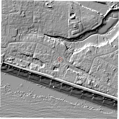 Shaded relief map of the ground around PO119QE, computed from Environment Agency LiDAR. The ground here sits at about 4 m above sea level and falls 9 m across the surrounding 800 m. Surface water reaching this point runs off ground lying to the south-south-west, 3.2 m higher.
