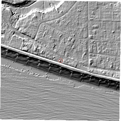 Shaded relief map of the ground around PO119QF, computed from Environment Agency LiDAR. The ground here sits at about 5 m above sea level and falls 9 m across the surrounding 800 m. Surface water reaching this point runs off ground lying to the west, 2.0 m higher.