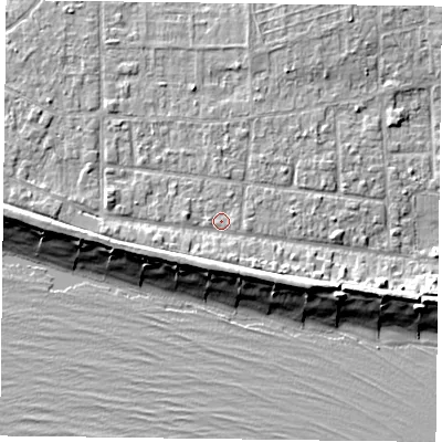 Shaded relief map of the ground around PO119QG, computed from Environment Agency LiDAR. The ground here sits at about 4 m above sea level and falls 8 m across the surrounding 800 m. Surface water reaching this point runs off ground lying to the south-south-east, 2.9 m higher.