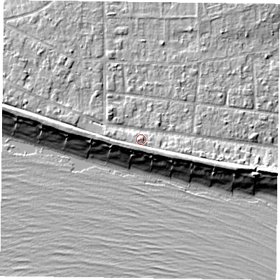 Shaded relief map of the ground around PO119QH, computed from Environment Agency LiDAR. The ground here sits at about 5 m above sea level and falls 9 m across the surrounding 800 m. Surface water reaching this point runs off ground lying to the south-west, 1.6 m higher.