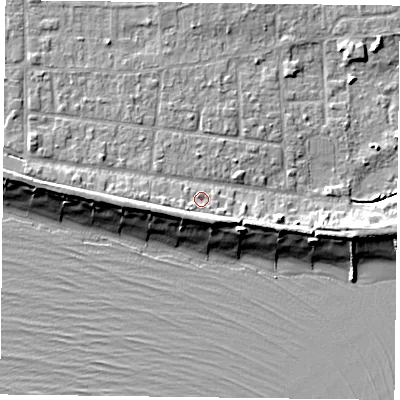 Shaded relief map of the ground around PO119QJ, computed from Environment Agency LiDAR. The ground here sits at about 4 m above sea level and falls 8 m across the surrounding 800 m. Surface water reaching this point runs off ground lying to the south-south-east, 2.5 m higher.