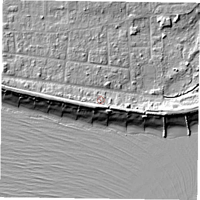 Shaded relief map of the ground around PO119QL, computed from Environment Agency LiDAR. The ground here sits at about 4 m above sea level and falls 8 m across the surrounding 800 m. Surface water reaching this point runs off ground lying to the south-west, 2.9 m higher.