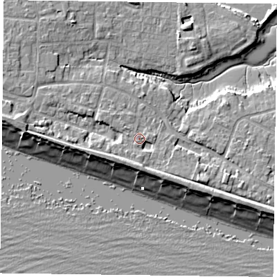 Shaded relief map of the ground around PO119QN, computed from Environment Agency LiDAR. The ground here sits at about 4 m above sea level and falls 9 m across the surrounding 800 m. Surface water reaching this point runs off ground lying to the south, 3.2 m higher.