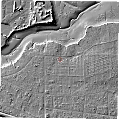 Shaded relief map of the ground around PO119QP, computed from Environment Agency LiDAR. The ground here sits at about 3 m above sea level and falls 10 m across the surrounding 800 m. Surface water reaching this point runs off ground lying to the west-south-west, 1.6 m higher.