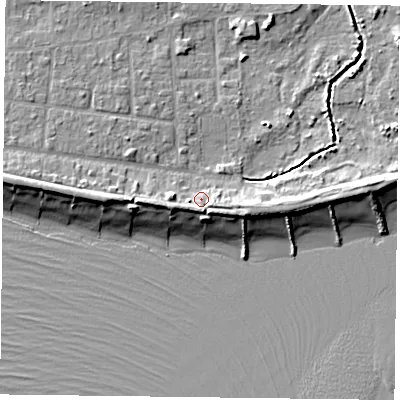 Shaded relief map of the ground around PO119QQ, computed from Environment Agency LiDAR. The ground here sits at about 4 m above sea level and falls 8 m across the surrounding 800 m. Surface water reaching this point runs off ground lying to the east, 1.5 m higher.
