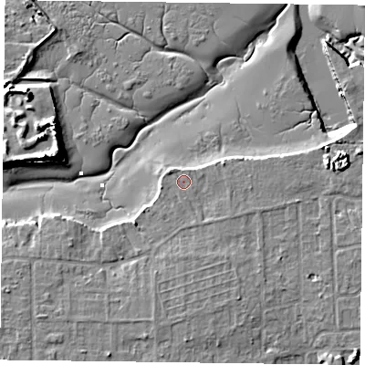 Shaded relief map of the ground around PO119QR, computed from Environment Agency LiDAR. The ground here sits at about 3 m above sea level and falls 11 m across the surrounding 800 m. Surface water reaching this point runs off ground lying to the north-west, 1.1 m higher.