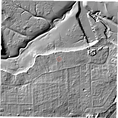 Shaded relief map of the ground around PO119QU, computed from Environment Agency LiDAR. The ground here sits at about 3 m above sea level and falls 11 m across the surrounding 800 m. Surface water reaching this point runs off ground lying to the east-south-east, 0.5 m higher.