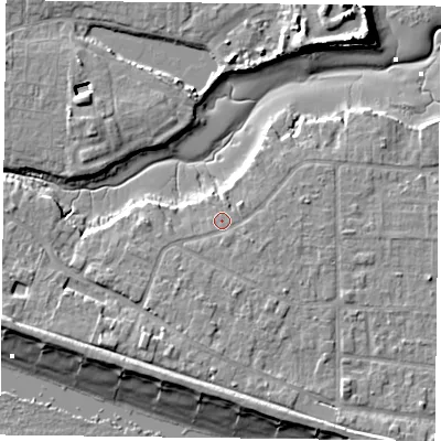 Shaded relief map of the ground around PO119QW, computed from Environment Agency LiDAR. The ground here sits at about 4 m above sea level and falls 11 m across the surrounding 800 m. Surface water reaching this point runs off ground lying to the east-south-east, 0.8 m higher.
