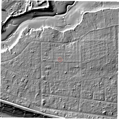Shaded relief map of the ground around PO119QX, computed from Environment Agency LiDAR. The ground here sits at about 4 m above sea level and falls 11 m across the surrounding 800 m. The ground contributing surface water to this point lies to the south-west.
