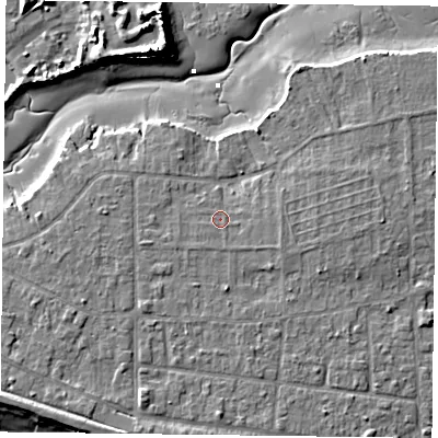 Shaded relief map of the ground around PO119QY, computed from Environment Agency LiDAR. The ground here sits at about 3 m above sea level and falls 10 m across the surrounding 800 m. Surface water reaching this point runs off ground lying to the east-south-east, 0.9 m higher.