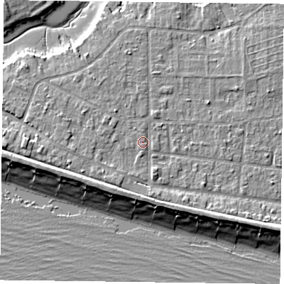 Shaded relief map of the ground around PO119QZ, computed from Environment Agency LiDAR. The ground here sits at about 4 m above sea level and falls 9 m across the surrounding 800 m. Surface water reaching this point runs off ground lying to the south-west, 1.6 m higher.