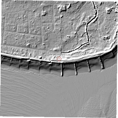 Shaded relief map of the ground around PO119RB, computed from Environment Agency LiDAR. The ground here sits at about 4 m above sea level and falls 8 m across the surrounding 800 m. Surface water reaching this point runs off ground lying to the east-south-east, 1.3 m higher.