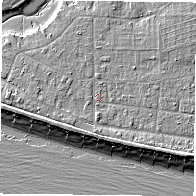 Shaded relief map of the ground around PO119RD, computed from Environment Agency LiDAR. The ground here sits at about 4 m above sea level and falls 9 m across the surrounding 800 m. Surface water reaching this point runs off ground lying to the west-south-west, 2.8 m higher.