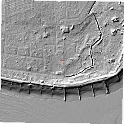 Shaded relief map of the ground around PO119RG, computed from Environment Agency LiDAR. The ground here sits at about 2 m above sea level and falls 8 m across the surrounding 800 m. Surface water reaching this point runs off ground lying to the west-south-west, 5.8 m higher.