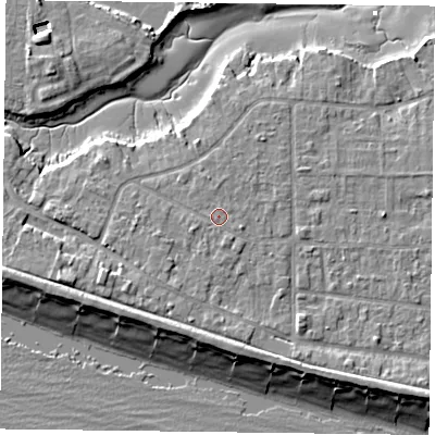 Shaded relief map of the ground around PO119RN, computed from Environment Agency LiDAR. The ground here sits at about 4 m above sea level and falls 9 m across the surrounding 800 m. Surface water reaching this point runs off ground lying to the south-south-west, 1.3 m higher.