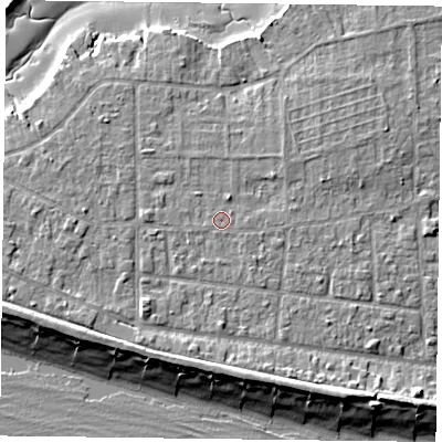 Shaded relief map of the ground around PO119RP, computed from Environment Agency LiDAR. The ground here sits at about 4 m above sea level and falls 9 m across the surrounding 800 m. Surface water reaching this point runs off ground lying to the south-south-west, 0.7 m higher.